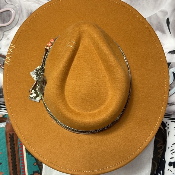 Boho Cowgirl Hat customized with fabric/feathers,beads around band - Picture 6 of 7
